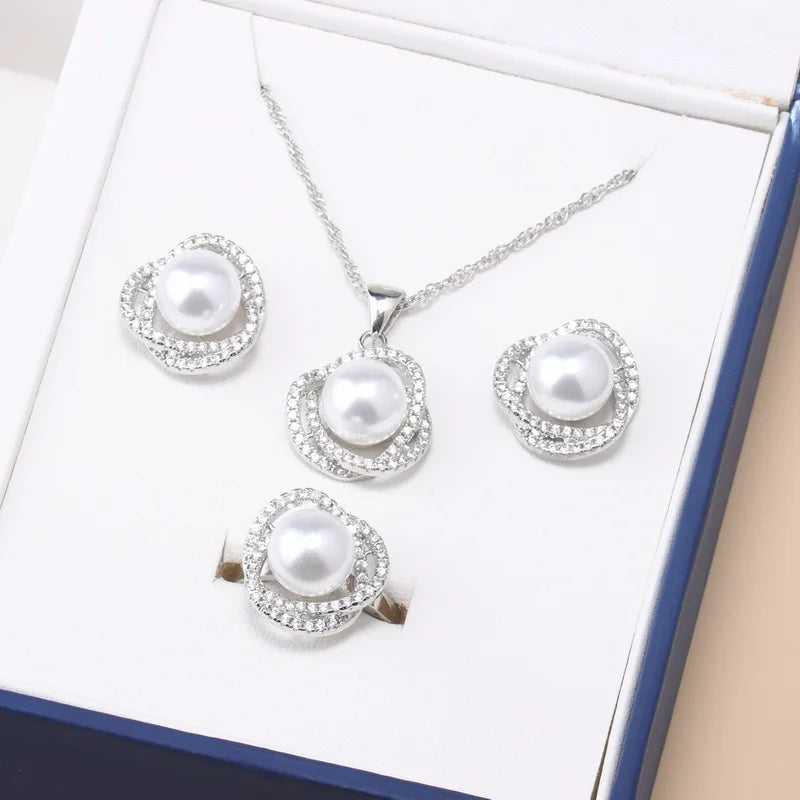 Real White Freshwater Natural Pearl Set Women Wedding 925 Sterling Silver Necklace Earring Sets Jewelry Anniversary Gift