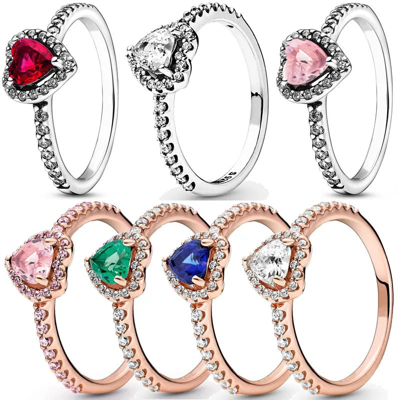 925 Sterling Silver Ring Elevated Red Heart with Colorful Crystal Rings for Women Valentine'S Birthday Gift DIY Jewelry