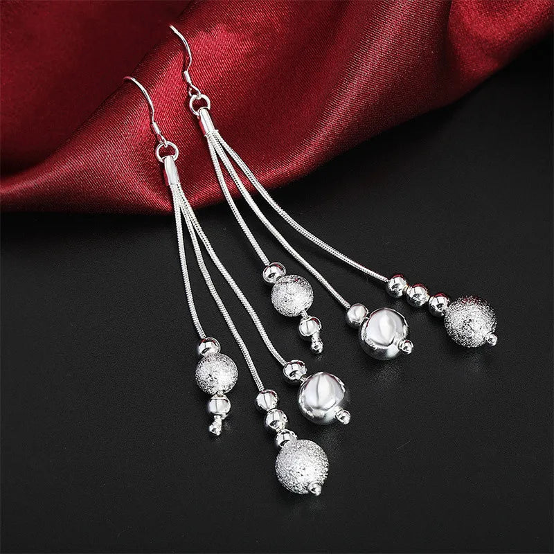 925 Sterling Silver 18-Inch Frosted Beads Pendant Earrings Necklace for Woman Fashion Jewelry Set Wedding Gift