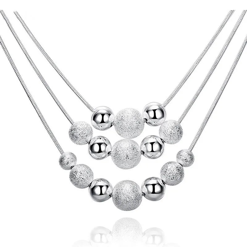 925 Sterling Silver 18-Inch Frosted Beads Pendant Earrings Necklace for Woman Fashion Jewelry Set Wedding Gift