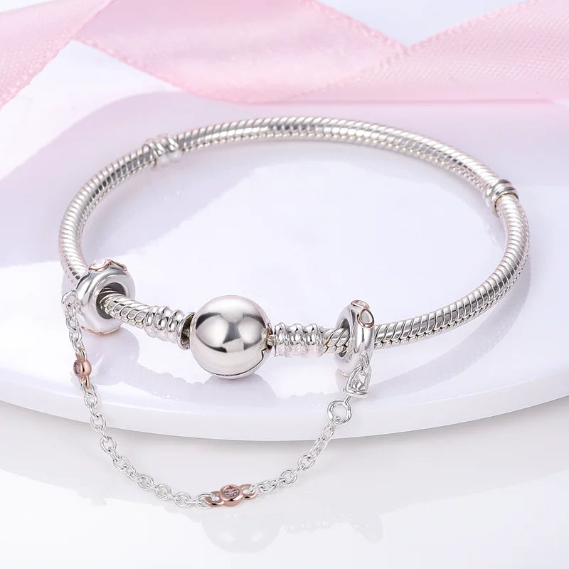 NEW 925 Sterling Silver Sparkling Pavé Crown O Tree Safety Chain Charm Bead Original Bracelet DIY Women Jewelry Gift