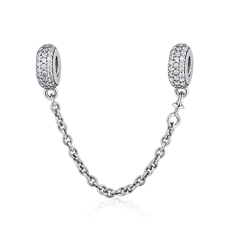 NEW 925 Sterling Silver Sparkling Pavé Crown O Tree Safety Chain Charm Bead Original Bracelet DIY Women Jewelry Gift