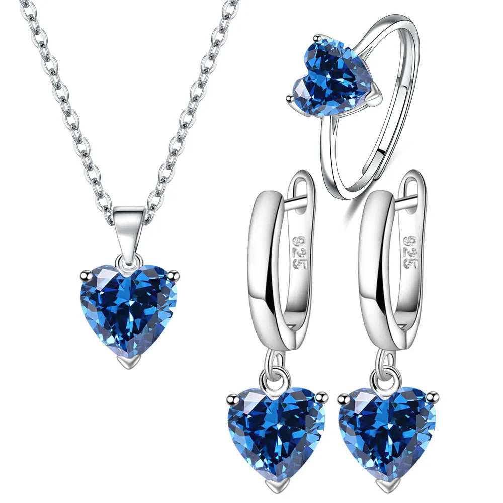 925 Sterling Silver Jewelry Sets for Women Heart Zircon Ring Earrings Necklace Wedding Bridal Elegant Christmas Free Shipping