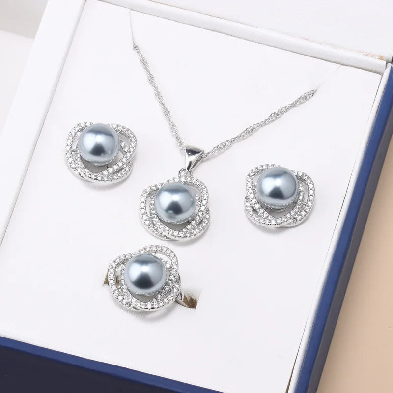 Real White Freshwater Natural Pearl Set Women Wedding 925 Sterling Silver Necklace Earring Sets Jewelry Anniversary Gift