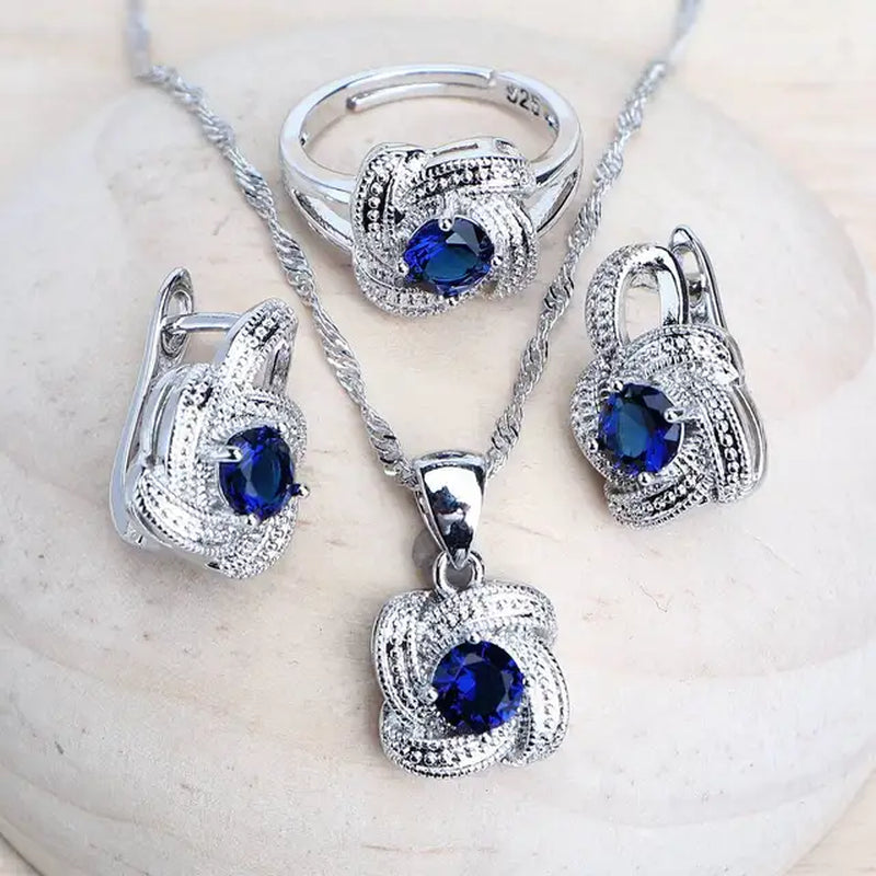 Blue Zirconia Women Jewelry Sets 925 Sterling Silver Wedding Bridal Costume Jewellery Earrings Rings Bracelets Pendant Necklace