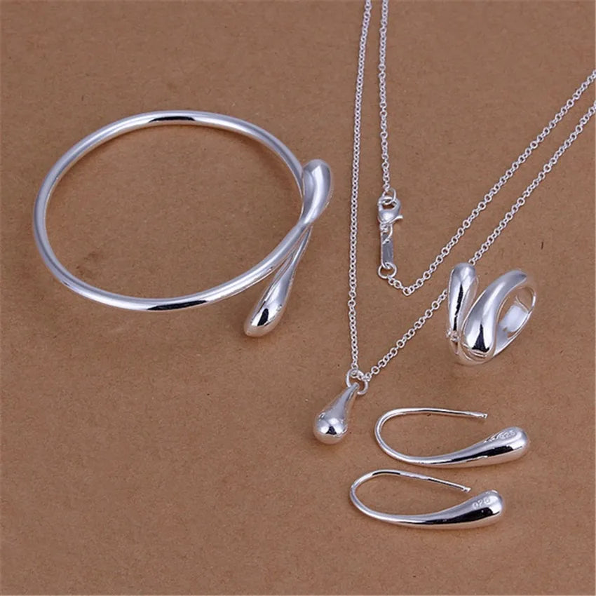 Hot Pretty 925 Sterling Silver Water Drop Pendant Bangle Bracelet Necklace Earring Ring for Women Fashion Party Gift Jewelry Set