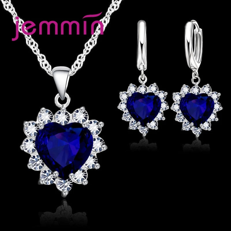 Top Sale Solid 925 Silver Color Wedding Engagement Anniversary Gift Jewelry Sets Heart Pendant Hoop Earrings for Women Girls