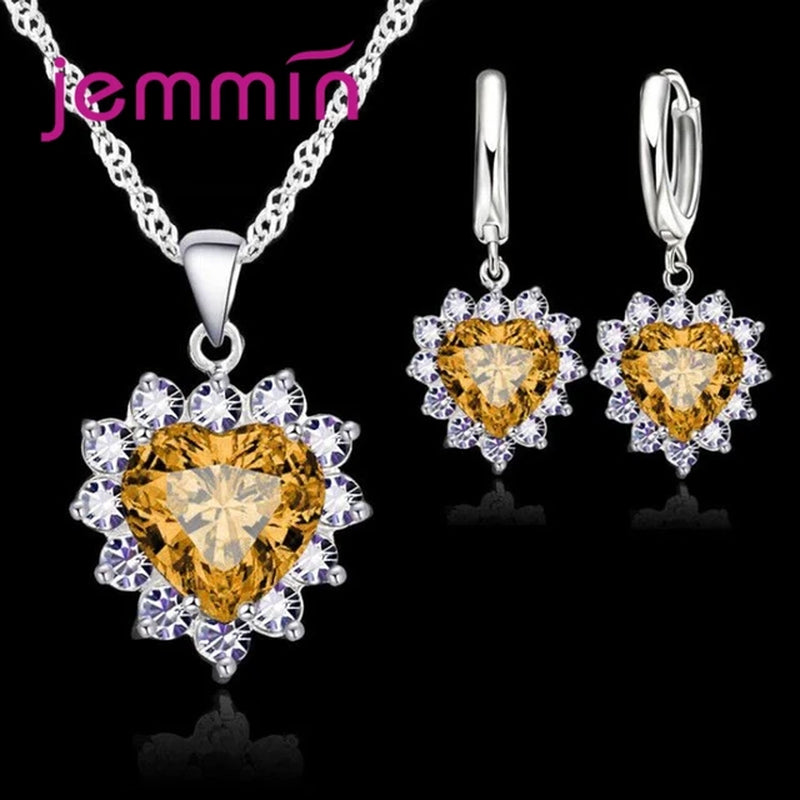 Top Sale Solid 925 Silver Color Wedding Engagement Anniversary Gift Jewelry Sets Heart Pendant Hoop Earrings for Women Girls