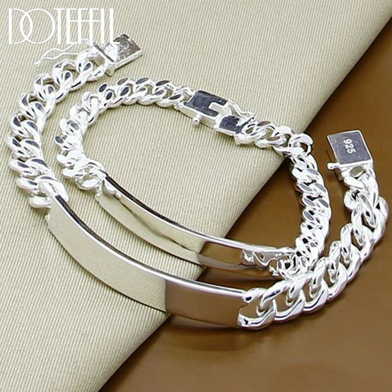 925 Sterling Silver 2Pcs Bracelet 10Mm Smooth Sideways Chain for Men Women Wedding Engagement Party Jewelry