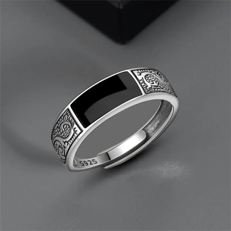 Trendy 925 Sterling Silver Ring for Men Jewelry Black Rectangle Retro Dragon Pattern Ring Male Infex Finger Accessories Open