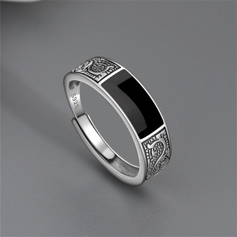 Trendy 925 Sterling Silver Ring for Men Jewelry Black Rectangle Retro Dragon Pattern Ring Male Infex Finger Accessories Open