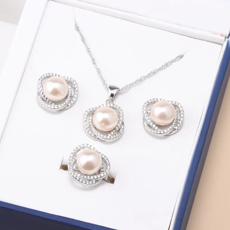 Real White Freshwater Natural Pearl Set Women Wedding 925 Sterling Silver Necklace Earring Sets Jewelry Anniversary Gift