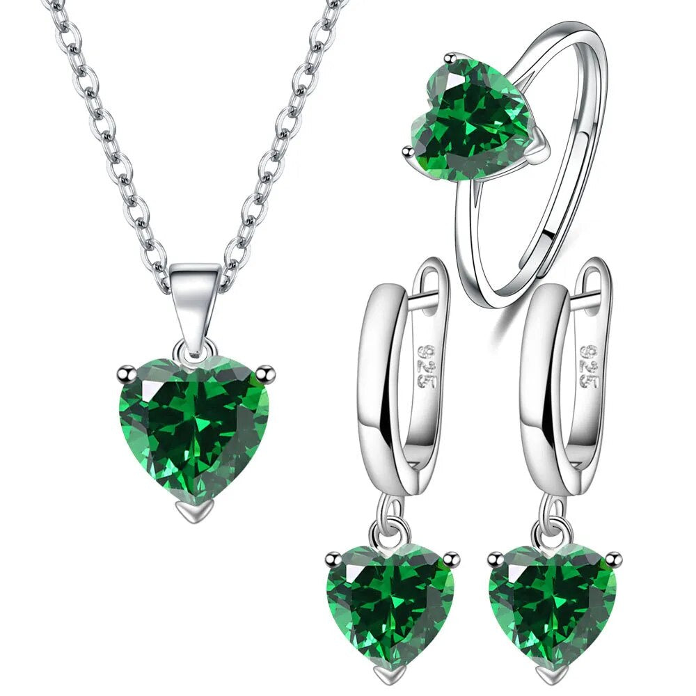 925 Sterling Silver Jewelry Sets for Women Heart Zircon Ring Earrings Necklace Wedding Bridal Elegant Christmas Free Shipping