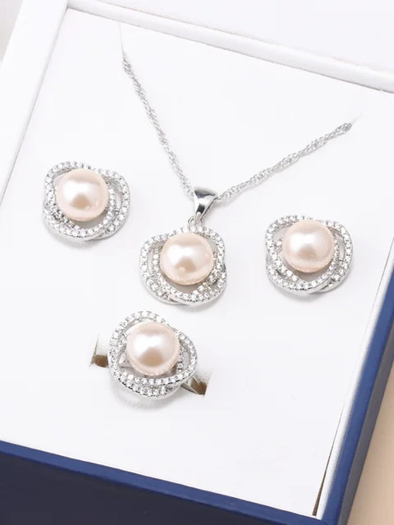 Real White Freshwater Natural Pearl Set Women Wedding 925 Sterling Silver Necklace Earring Sets Jewelry Anniversary Gift