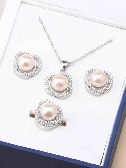 Real White Freshwater Natural Pearl Set Women Wedding 925 Sterling Silver Necklace Earring Sets Jewelry Anniversary Gift