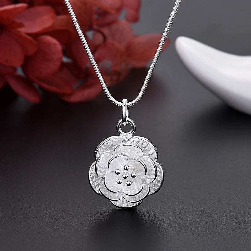 Fine 925 Sterling Silver Charm Flower Necklace Earring Bangle Jewelry for Women Retro Set Wedding Gift TRENDY Lovely