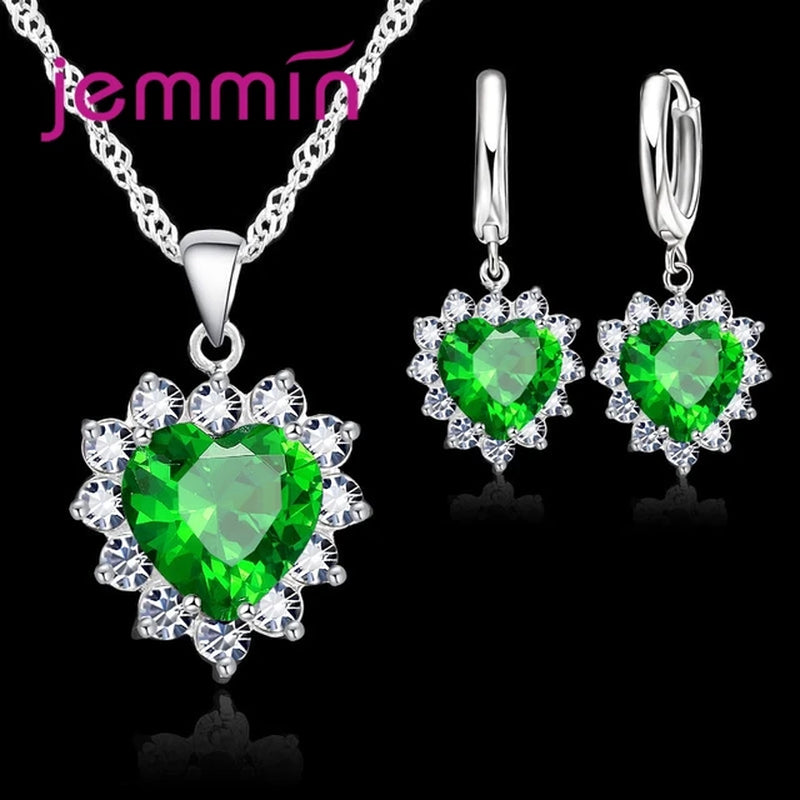 Top Sale Solid 925 Silver Color Wedding Engagement Anniversary Gift Jewelry Sets Heart Pendant Hoop Earrings for Women Girls