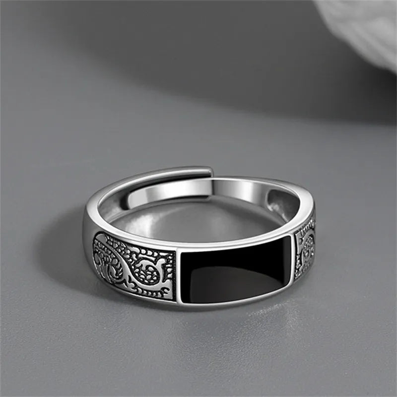 Trendy 925 Sterling Silver Ring for Men Jewelry Black Rectangle Retro Dragon Pattern Ring Male Infex Finger Accessories Open