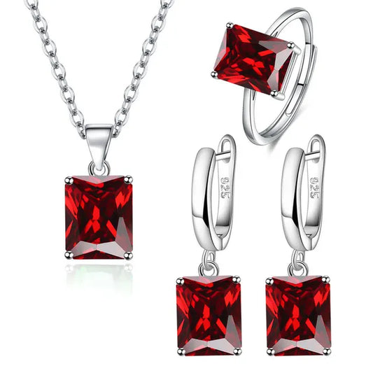 925 Sterling Silver Ring Earrings Necklace for Women Rectangle Geometry Zircon Wedding Elegant Jewelry Sets Free Shipping Items