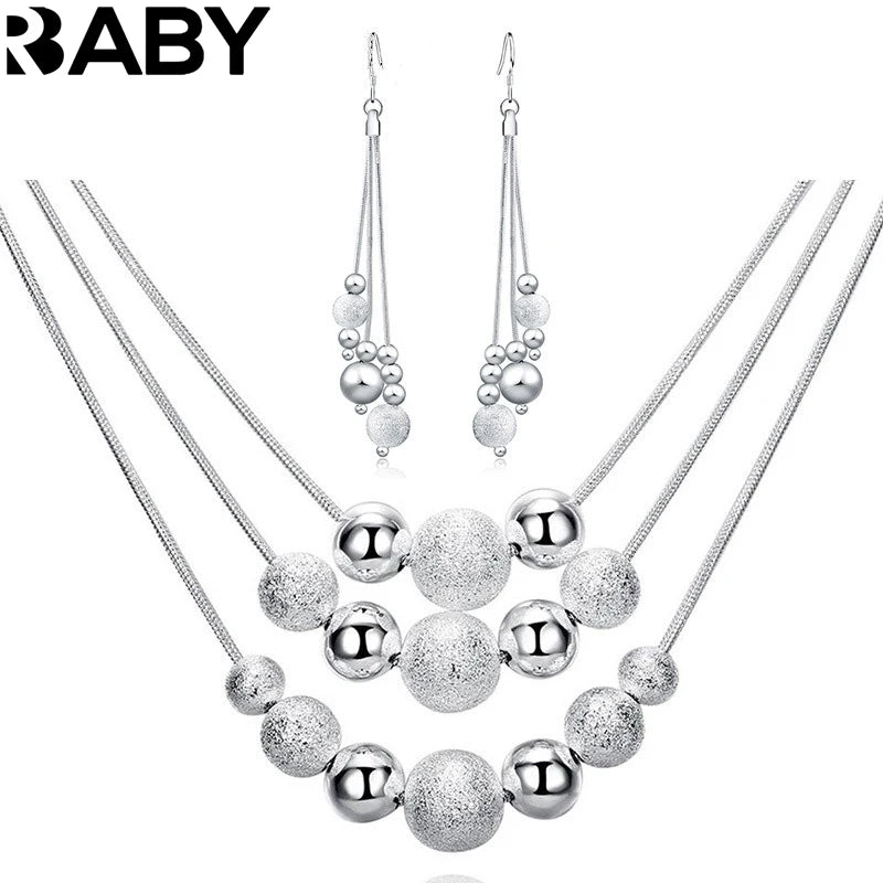 925 Sterling Silver 18-Inch Frosted Beads Pendant Earrings Necklace for Woman Fashion Jewelry Set Wedding Gift