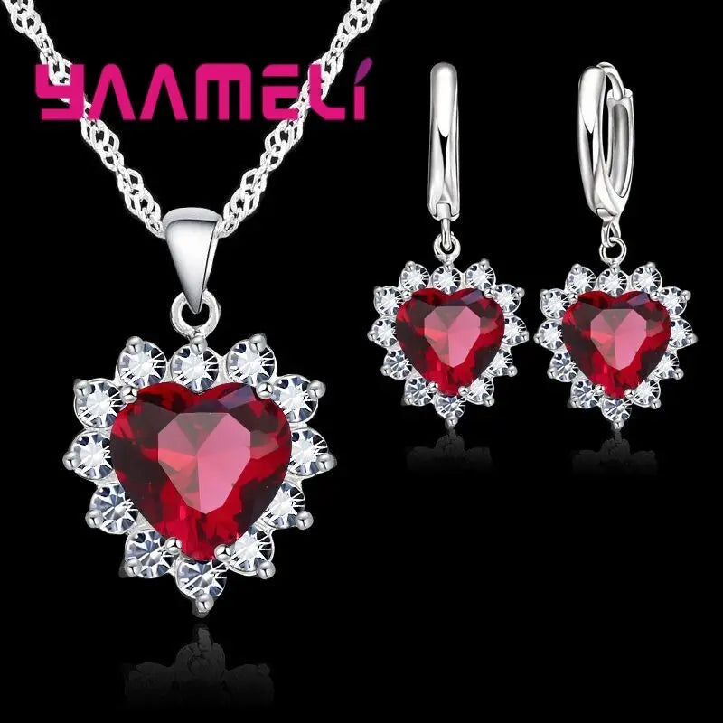 Trendy 925 Sterling Silver Jewelry Set for Women Heart CZ Stone Charm Pendants Necklaces Earrings LOVE Anniversary Gift