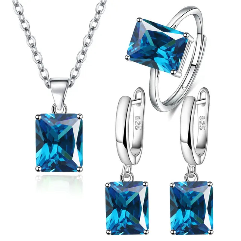 925 Sterling Silver Ring Earrings Necklace for Women Rectangle Geometry Zircon Wedding Elegant Jewelry Sets Free Shipping Items