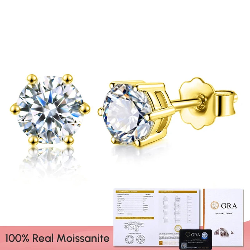 GRA 0.5Ct-2Ct D Color Certified Moissanite Stud Earrings Lab Created Diamond 925 Sterling Silver Gold Plated Wedding Jewelry