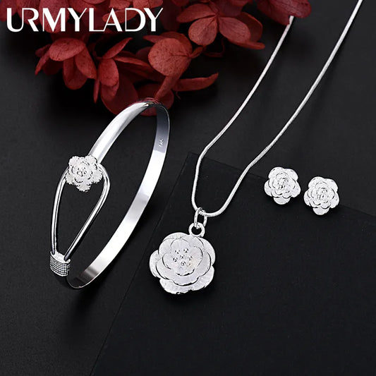 Fine 925 Sterling Silver Charm Flower Necklace Earring Bangle Jewelry for Women Retro Set Wedding Gift TRENDY Lovely