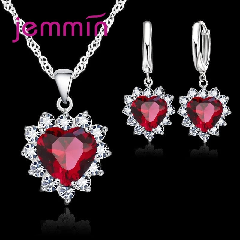 Top Sale Solid 925 Silver Color Wedding Engagement Anniversary Gift Jewelry Sets Heart Pendant Hoop Earrings for Women Girls