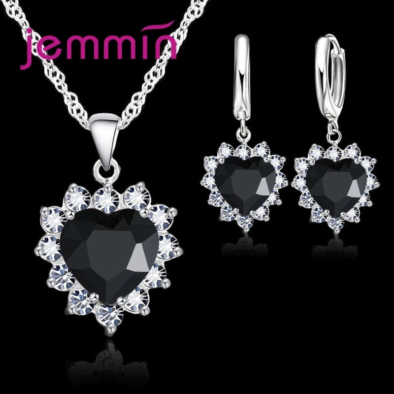 Top Sale Solid 925 Silver Color Wedding Engagement Anniversary Gift Jewelry Sets Heart Pendant Hoop Earrings for Women Girls