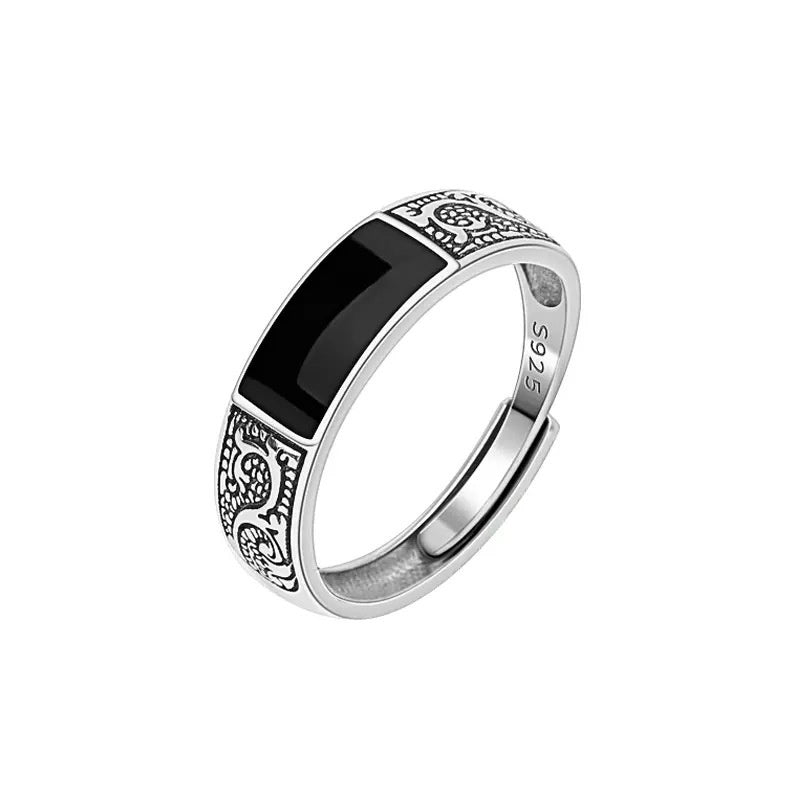 Trendy 925 Sterling Silver Ring for Men Jewelry Black Rectangle Retro Dragon Pattern Ring Male Infex Finger Accessories Open